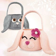 two crocheted purses with faces on them and one has a flower in it