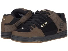 Globe Tilt - Men's Skate Shoes : Black/Brown : Keep your style going strong with the iconic silhouette and cushioned support of the Globe Tilt skate shoes. Skateboard shoes with leather uppers. Large Globe brandings on upper. Flush and stitched PVC lace eyelets. Hidden lacing options in key areas for added lace protection. Thicker outer sidewalls for added durability. Padded tongue and collar for added comfort. Breathable slip-resistant lining for a more stable skate. Cupsole construction. Rubbe Brown Sneakers With Laces For Skateboarding, Brown Skateboarding Sneakers With Laces, Urban Brown Skate Shoes With Rubber Sole, Brown Urban Skate Shoes With Rubber Sole, Brown Synthetic Skate Shoes With Rubber Sole, Brown Round Toe Skate Shoes For Skateboarding, Brown High-top Skate Shoes, Brown Skate Shoes With Abzorb Midsole For Sports, Urban Leather Skate Shoes With Laces