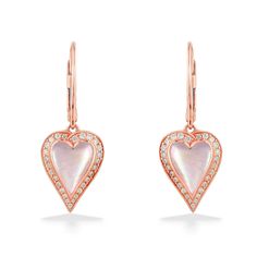 14K Rose Gold Kabana Heart Leverback Earrings with Pink Mother of Pearl Inlay and 0.41 Carats (total weight) of Diamonds. The earrings measure approximately 1 1/3" in length. Elegant Rose Gold Heart Cut Earrings, Luxury Rose Gold Heart Earrings, Formal Rose Gold Heart Earrings, Fine Jewelry Rose Gold Heart Earrings For Wedding, Rose Gold Heart Earrings For Wedding, Rose Gold Heart Earrings For Valentine's Day Formal, Rose Gold Heart-shaped Fine Jewelry Earrings, Rose Gold 14k Gold Heart Cut Earrings, Rose Gold Heart Cut 14k Gold Earrings