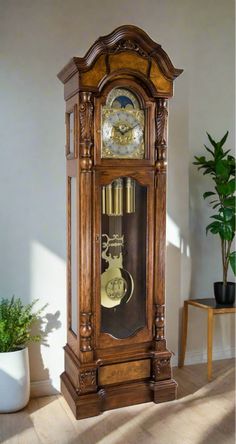 an old grandfather clock in the corner of a room with a potted plant next to it