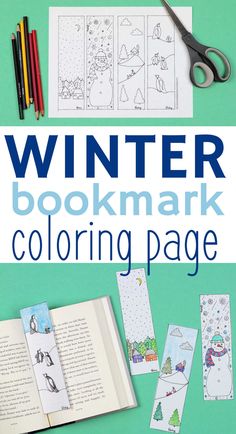 Free coloring page with four hand-drawn bookmarks featuring winter scenes. Snowy landscape bookmark, snowman bookmark and penguin bookmark.