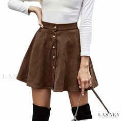 Lasaky - Premium Button-Front Corduroy Skirt - A Versatile and Chic Addition to Your Casual Wardrobe! Fall High Waist Mini Skirt With Buttons, Fall High-waist Mini Skirt With Buttons, Trendy Brown Mini Skirt With Buttons, Trendy Buttoned Mini Skirt For Fall, High Waist Buttoned Mini Skirt For Fall, Trendy Buttoned Mini Skirt For Winter, Brown Buttoned Skirt For Winter, Trendy Brown Skirt With Button Closure, Trendy Buttoned Skirt For Winter