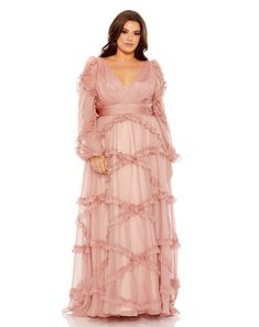 Find the Dusty Rose Mac Duggal 68425 Plus Size A Line Long Sleeve Formal Dress at The Dress Outlet. Free shipping! Puff Sleeve Gown, Designer Formal Dresses, Sleeve Gown, Long Sleeve Dress Formal, Plus Size Formal Dresses, Mac Duggal, Tea Length Dresses, Groom Dress, Neck Ruffle