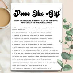 a paper with the words pass the gift on it next to a cup of coffee