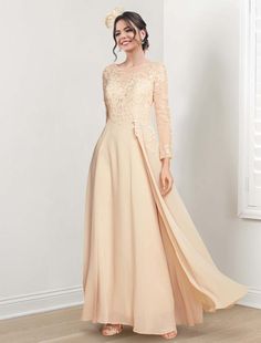 A-Line/Princess Jewel Neck Mother of the Bride Dresses Mother Of The Bride Dress With Sheer Long Sleeves, Chiffon Mother Of The Bride Dress With Long Sleeves, Chiffon Long Sleeve Mother Of The Bride Dress, Chiffon Long Sleeve Bridesmaid Evening Dress, Long Sleeve Chiffon Bridesmaid Evening Dress, Long Sleeve Chiffon Evening Dress For Bridesmaids, Flowy Long Sleeve Bridesmaid Evening Dress, Flowy Long Sleeve Evening Dress For Bridesmaid, Sheer Bodice Chiffon Floor-length Dress