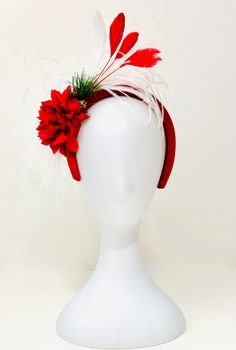 Christmas Fascinator Headband  Red or Green Headband,  Red Fascinator Headband,  Red velvet padded headband with Red and White Coqui Feather  Christmas Holly with Marabou feather ostrich feather and  4.5 Satten Chiffon  flower Adjustable Red Winter Headband, Red Adjustable Headband For Winter, Adjustable Red Headband For Winter, Holiday Adjustable Fascinator, Adjustable Red Fascinator With Handmade Flowers, Red Christmas Costume Hat For Party, Red Christmas Party Costume Hat, Adjustable Red Mini Hats As Gifts, Red Headband With Handmade Flowers For Party