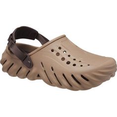 Whether we're heading home from the gym or flying out on a weekend trip, we slip on the new Echo Clog from Crocs for ultimate comfort and style. The Croslite molded construction in the upper and sole is lightweight and durable, while the LiteRide drop-in footbed makes it feel as if we're walking on a cloud. Durable Sports Clogs With Round Toe, Sporty Slip-resistant Clogs For Outdoor Activities, Durable Sports Clogs, Sporty Clogs With Arch Support For Sports, Breathable Slip-on Clogs For Outdoor Activities, Brown Clogs With Arch Support For Outdoor, Durable Synthetic Clogs For Outdoor Activities, Comfortable Durable Clogs For Outdoor Activities, Functional Closed Toe Clogs With Cushioned Footbed