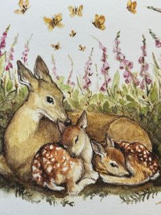 a painting of deer and their babies in the grass