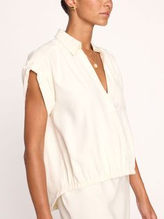 Women's Nadel Top in Calico | Brochu Walker Fitted V-neck Top With Elastic Waistband, Chic V-neck Top With Rolled Sleeves, Relaxed Fit V-neck Top With Elastic Waistband, Effortless V-neck Top For Daywear, Versatile Tops With Shirttail Hem For Daywear, Daywear Tops With Pockets And Shirttail Hem, Relaxed Fit Johnny Collar Top For Daywear, Spring V-neck Tops With Cuffed Sleeves, White V-neck Tops With Pockets