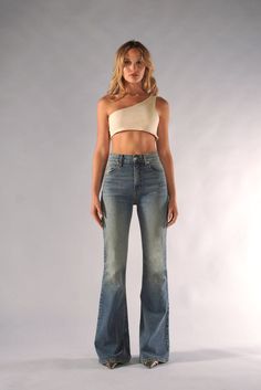 Paris Bells / French Kiss High Waist Denim Flares With Five Pockets, Fall Light Wash Rigid Denim Flare Jeans, Fall Light Wash Flare Jeans In Rigid Denim, High Waist Medium Wash Flares With Five Pockets, Light Wash Rigid Denim Flare Jeans For Fall, Medium Wash High-waist Flares With Five Pockets, Chic Full Length Medium Wash Flare Jeans, Chic Full Length Flare Jeans In Medium Wash, Chic Medium Wash Full Length Flare Jeans