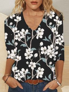 Womens Floral Print Color Patchwork T-Shirts Light Weight V-Neck Long Sleeve Tops S-5XL Black Long Sleeve Floral Print T-shirt, Black V-neck T-shirt For Spring, Black Printed V-neck Top, Watercolor Marble, Spring Outfits Women, Marble Print, Print T Shirts, Abstract Print, Print Tops