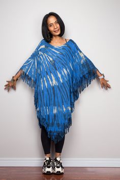 Tie dye top, Hippie poncho top,  A cropped kaftan with fringed hem,  Light sweater poncho or beach cover Casual Summer Poncho With Fringe, Oversized Fringe Poncho Casual Style, Oversized Fringe Casual Poncho, Casual One Size Poncho With Fringe, Casual One-size Poncho With Fringe, Hippie Fringe Shawl Poncho, Hippie Poncho With Tassels One Size, Hippie Poncho With Tassels, One Size Beach Shawl With Fringe