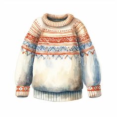 a watercolor drawing of a sweater with an orange and blue pattern on it's sleeves