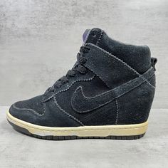 Nike Dunk Sky Hi Hidden Wedge Suede Leather  Sneakers - Women's Size 6 - Black     Pre-owned. Some signs of wear from use. Posted photos shows the condition in greater detail and is the actual item you'll be receiving. Nike Wedge Sneakers Outfit, Nike Sky High Wedge, Leather Wedge Sneakers For Streetwear, Casual Leather Wedge Boots For Streetwear, 2000s Sneakers, Mcbling Outfits, Wedge Sneakers Outfit, Nike Wedge Sneakers, Heeled Sneakers