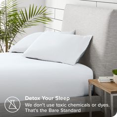 a bed with white sheets and pillows next to a plant on a table in front of it