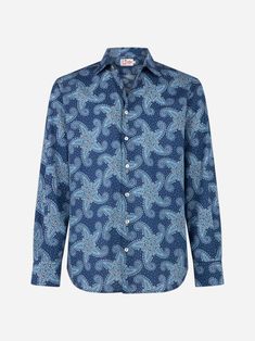 Man muslin cotton shirtBlue paisley star all over printRegular fitLong sleevesComposition: 100% cotton Classic Cotton Tops With Paisley Print, Cotton Long Sleeve Tops With Paisley Print, Long Sleeve Cotton Tops With Paisley Print, Patterned Shirt With Paisley Print In Relaxed Fit, Classic Cotton Shirt With Paisley Print, Long Sleeve Cotton Top With Paisley Print, Classic Cotton Paisley Print Tops, Patterned Paisley Print Shirt With Relaxed Fit, Long Sleeve Cotton Shirt With Paisley Print