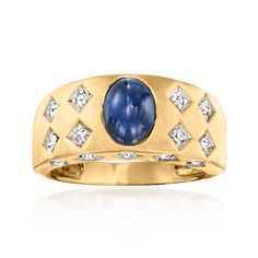 Ross-Simons - C. 1980 Vintage 2.00ct Sapphire, .25ct t. w. Diamond Ring Oval Cut Size 6.5. C. 1980. Uniquely versatile with its 3/8" wide band design, this ultra-chic Estate collection ring features a 2.00 carat oval sapphire cabochon in a low-profile setting of 14kt yellow gold. Sparked all over with .25 ct. t. w. round brilliant-cut diamonds in 14kt white gold, it's a stunning statement enhanced by brushed and polished finishes for a distinct and sophisticated look. Diamond and sapphire ring. Diamond Ring Oval, Diamond And Sapphire Ring, Multi Gemstone Necklace, Jewelry Presentation, Sapphire Cabochon, Sapphire Birthstone, Antique Jewelry Rings, Gold C, Sapphire Band