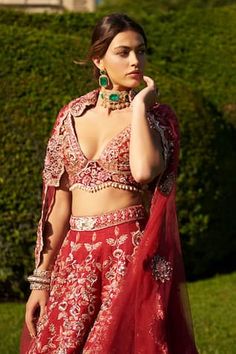 Red can can attached lehenga featuring zardozi embroidered floral vine motifs, embellished by sequins, pearls and beads. Comes with padded embroidered blouse and embroidered cut-out border dupatta. - Aza Fashions Red Bollywood V-neck Set, Red V-neck Bollywood Set, Red Embroidered V-neck Set, Red Can, Red Lehenga, Bridal Lehengas, Floral Vine, Bridal Lehenga, Bridal Set