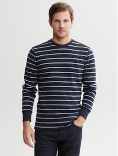 Striped waffle-knit crew-neck pullover | Banana Republic Winter Ribbed Crew Neck T-shirt, Relaxed Fit Waffle Knit T-shirt With Crew Neck, Relaxed Fit Waffle Knit Crew Neck Top, Long Sleeve Knit T-shirt For Winter, Winter Knit Long Sleeve T-shirt, Knit Long Sleeve T-shirt For Winter, Knit Long Sleeve T-shirt For Fall, Winter Crew Neck T-shirt For Layering, Winter Layering Crew Neck T-shirt