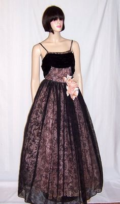 Superb Pink and Black Flocked Ball Gown, 1930's Vintage Victorian Gown With Fitted Bodice For Evening, Victorian Evening Gown With Fitted Bodice, Vintage Black Gown For Wedding, Vintage Black Wedding Gown, Victorian Style Black Evening Dress, Black Victorian Evening Dress, Vintage Black Evening Dress With Fitted Bodice, Vintage Black Floor-length Evening Dress, Vintage Pink Evening Dress For Formal Occasions