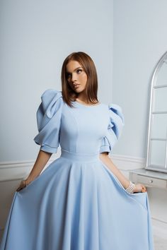 Sky-Blue Backless Puff-Sleeve Midi Dress - Sophisticated and Elegant – ELAGIA Evening Mini Dress With Balloon Sleeves And Structured Shoulders, Balloon Sleeve Mini Dress With Structured Shoulders For Evening, Voluminous Puff Sleeve Dress For Spring Evening, Voluminous Puff Sleeve Evening Dress For Spring, Voluminous Puff Sleeve Dress For Party, Evening Puff Sleeve Dress With Structured Shoulders, Evening Knee-length Mini Dress With Elastic Sleeves, Voluminous Puff Sleeve Dress For Formal Occasions, Voluminous Puff Sleeve Dress For Evening