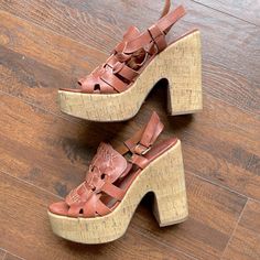 Never Worn! Platform Sandals With Woven Leather Upper And Metal Accents. Cork-Look Platform. Markings On Soles From The Store But Otherwise In Perfect Condition. 4.5 Inch Heel, 1.5 Inch Platform Trendy And Retro! Lucky Brand Shoes, Metal Accents, 5 Inch Heels, Womens Wedges, Brand Shoes, Metallic Accents, Platform Sandals, Lucky Brand, Cork