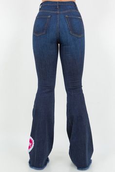 Upgrade your denim wardrobe with our Sweetheart Bell Bottom Jean in Dark Denim! These trendy jeans feature a flattering design with a front button and zipper closure, convenient front and back pockets, and adorable patch and charm accents. Made with premium fabrics in the USA, you can rely on their high-quality.DRY CLEAN ONLY. Silhouette: Bell bottom Fit: High Rise Embellishment: Patches, charms Length: Full Length Closure: button, zipper Made In: USA Fabric Contents: 98% Cotton, 2% Spandex Stre Corset Leggings, Womens Fashion Jeans, Elegant Moments, Trendy Jeans, Stylish Jeans, Bottom Jeans, Jumpsuit Jacket, Leather Denim, Instagram Outfits