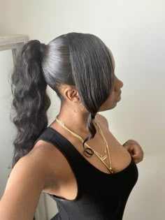 Front Swoop Ponytail, Track Ponytail Hairstyles Black, High Pony With Swoop, Side Swoop High Ponytail, Side Bang With Ponytail, Slick Ponytail Weave Straight, Slick Ponytail With Bangs, Bang Ponytail Hairstyles For Black Women, Straight Hairstyles Ponytail