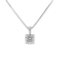 3-Carat Cushion Cut Solitaire Diamond Pendant in 14K Solid White Gold, IGI Certified Lab Grown Diamond Single Pendant | E-J color / VS1-VS2 clarity.  Simple, yet classy. Shop the perfect gift that can't go wrong. A solitaire cushion cut lab-grown diamond mounted in a classic 4-prong white gold mounting. Set in 14k white gold. Fixed with a 4mm bail that fits a variety of chains up to 3.5mm.  Comes with an adjustable length 2mm thick box chain in 14k white gold.  Details:  - Metal: 14-karat gold - Luxury White Gold Square Pendant Solitaire Necklace, Classic Vvs Clarity Diamond Necklace, Diamond White Solitaire Necklace For Formal Occasions, Luxury White Gold Solitaire Necklace For Formal Occasions, Formal Solitaire Diamond Cut Necklace, Classic Diamond White Necklace With Polished Finish, Classic Necklace In Diamond White With Polished Finish, Elegant Platinum Solitaire Necklace, Platinum Diamond Necklace With Brilliant Cut