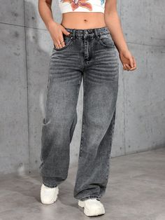 Women's Front Button Pocket Simple Denim Jeans, Casual Daily Wear Light Grey Casual   Denim Plain Straight Leg Non-Stretch  Women Clothing, size features are:Bust: ,Length: ,Sleeve Length: Womens Thermal, Textured Cardigan, Women Denim Jeans, Women Pants Casual, Casual Denim, Tight Leggings, Kids Sleepwear, Top Casual, Denim Women