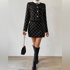 Elegant Tweed Patchwork Plaid Long Sleeve Jacket And Skirt Set Boutique Brand Women’s Apparel Standard Boutique Sizing Tags Shown As Letters. Sizing Chart: Size 2 = Xs Size 4 = S Size 6 = M Size 8/10 = L Size 12 = Xl Size 14 = Xxl !!*Please Note*!! This Is A Pre-Order Item And Requires A Longer Than Usual Shipping Time. Please Allow 7-14 Business Days Before Shipping. Please Consider This Time Frame Before Placing Your Order. Preorder Items Are Not Eligible For Cancellation. Thank You For Your P Tweed Patchwork, Boutique Aesthetic, Winter Valentines, Military Ball Gowns, Crochet Two Piece, Goth Cottagecore, Jacket And Skirt Set, Back To School Fashion, Military Ball