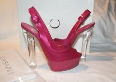 CASADEI 37.5 IT / 7 US Magenta Patent Leather Platform Slingback Sandals Clear Heel ITALY CASADEI PATENT LEATHER SANDALS   ITALIAN SIZE 37.5 / US 7 (run at least half size smaller, so 37.5 equals 7 US)   COLOR - MAGENTA (PINKISH DARK RED) WITH PEARLY SHINE   PATENT LEATHER UPPER  OPEN TOE SLINGBACK DESIGN CLEAR TRANSPARENT LUCITE HEELS - 4.5 INCHES HIDDEN PLATFORM - 1 1/2 INCHES HEEL - 5 3/4 INCHES LEATHER SOLE MADE IN ITALY   NEW AND AUTHENTIC WITH THE ORIGINAL BOX 14 days money back less shipp Luxury Bold Patent Leather Heels, Pink Patent Leather Heels With Leather Sole, Pink Patent Leather Heels With Padded Heel, Red Patent Leather Heels With Sculpted Heel, Luxury Pink Patent Leather Heels, Lucite Heels, Color Magenta, Gorgeous Heels, Slingback Sandals