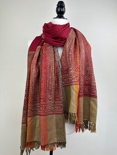 "This is an all season wool shawl that measures 38\"\"W X 85\"L An XL blanket scarf or sofa throw in maroon, red, orange, and green with bead embellishments is a festive and versatile accessory.  Elevate your cozy evenings with our XL blanket scarf, a stylish and warm addition to your home. This maroon, red, orange, and green throw is adorned with delicate bead embellishments, adding a touch of festive charm to your space. ✨ Festive Elegance: The rich and vibrant colors of maroon, red, orange, and green make this blanket scarf the perfect companion for the holiday season. The added bead embellishments lend a touch of elegance and sparkle, making it an ideal festive wrap. 🛋️ Versatile Home Decor: Use it as a sofa throw to instantly transform your living room into a cozy and inviting space. Green Blanket, Blanket Shawl, Green Throw, Sofa Throw Blanket, Maroon Red, Wool Shawl, Blanket Scarf, Sofa Throw, Wool Blanket