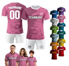 Our Custom soccer jersey are designed to be sleek and dynamic, perfect for showcases your style and energy for the match or casual day. Available in XS-5XL sizes for men, women, youth and toddler in many color options, these Personalized Soccer Jersey offer exceptional durability and resistance to wear and tear, making them an investment that will accompany you through any matches and seasons.  🎨If you have any REQUEST or OTHER DESIGN IDEA to re-custom the pattern or color, simply MESSAGE US an Short Sleeve Sublimation Sportswear For Training, Pink Short Sleeve Jersey For Sports Season, Multicolor Short Sleeve Sports Jersey, Pink Short Sleeve Jersey For Sports, Short Sleeve Jersey With Sublimation Print, Pink Tops With Team Logo For Sports Season, Sports Top With Team Logo In Pink, Pink Sports Top With Team Logo, Pink Short Sleeve Jersey With Letter Print