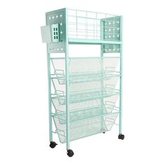 a green metal rack with five drawers and four shelves on each side, in front of a white background