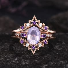 Item description ✦ Handmade, high-quality item! ✦ Material: 925 sterling silver, Solid 10k/14K/18K GOLD (can be made in white/rose/yellow gold) Engagement ring ✦ Center stone: Natural Lavender Amethyst. ✦ Size/Weight: 6x8mm Oval Cut ✦ Side stones: Pear Cut Natural Amethyst and Round Cut Moissanites Wedding band ✦ Gemstones: Round Cut Moissanites and Natural Amethyst Any ring size can be made,if the ring size is not in the option list ,contact me. As it is handmade,it needs 2-4 weeks to finish an Luxury Amethyst Promise Ring For Women, Purple Wedding Rings, Amethyst Engagement Ring, Pretty Engagement Rings, Amethyst Ring Engagement, Lavender Amethyst, Cute Engagement Rings, Purple Rings, Future Engagement Rings