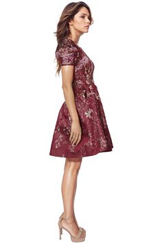 NOW AVAILABLE FOR MADE TO ORDER! 4-6 week delivery time From Rene Ruiz Collection, a striking puff sleeve cocktail dress crafted from exquisite French brocade border print fabric. With meticulous attention to detail, this creation embodies timeless elegance and modern sophistication. STYLE RRCLN2323 Lantern sleeve Boarder print brocade Shoulder to hem measurement: 38" Model height: 6'0 with heels Model is wearing a size 2 (Bust: 36" Waist: 27" Hip: 38") FULLY EXCHANGEABLE OR RETURNABLE RETURN PO Elegant A-line Evening Dress With Floral Print, Elegant A-line Mini Dress With Floral Print, Fitted Floral Print Puff Sleeve Dress For Evening, Elegant Festive Gala Mini Dress, Elegant Floral Print Dresses With Puff Sleeves, Festive Short Sleeve Gala Dress, Festive Formal Brocade Dress, Festive Brocade Formal Dress, Festive Brocade Dress For Formal Occasions