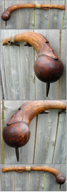 three pictures of an old wooden door handle