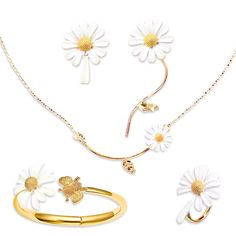 PRICES MAY VARY. 🌼 DAISY | Stunning pendant shaped like a chrysanthemum, trendy cute floral design. Perfect for all flower lovers bridal occasions and birthday gifts! 🌼 4 PIECE | Consists of 1 charm necklace, 1 bracelet, 1 pair of asymmetrical hypoallergenic stud earrings, and 1 ring. Spring is here in a matching classic 4-piece set! 🌼 GOLD | Sterling silver with gold plating and white lacquered petals. Absolutely gorgeous for the spring and summer seasons. Perfectly matching yellow, gold, an Whimsical Flower-shaped Wedding Jewelry, Cute Jewelry For Mother's Day Gift, Whimsical Flower Jewelry For Jewelry Making, Cute Jewelry Gift, Whimsical Gold Jewelry For Mother's Day, Cute Jewelry Gift For Mother's Day, Adjustable White Jewelry For Mother's Day, Cute White Jewelry For Gift, Cute White Jewelry As Gift