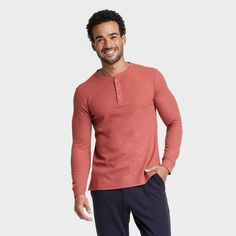 Why we're ALL IN: Long-sleeve henley top with waffle texture is designed to keep you stylish and comfortable while walking, commuting and beyond. Made from recycled polyester-cotton blend fabric in a solid color for a classic look. Front button-down placket can be worn open or closed. All in Motion™: Inspiring the potential in every body. Casual Solid Color Henley For Loungewear, Waffle Henley, Seersucker Shirt, Athletic Top, Henley Top, Red S, Fabric Tape, Hem Style, Mens Activewear