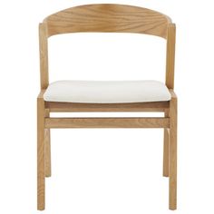 a wooden chair with a white seat cushion