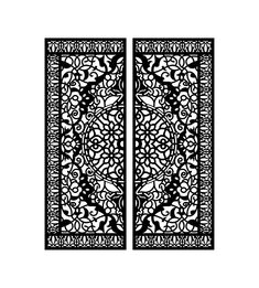 an intricately designed screen with birds and flowers in black on a white background,