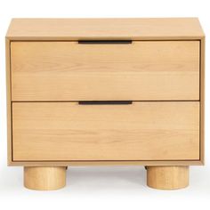 a wooden nightstand with two drawers on one side and an open drawer on the other