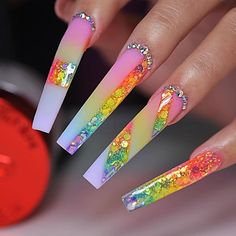 All Nail Shapes, Acrylic And Gel Nails, Dan Pena, Rainbow Nails Design, Rainbow Nail, Trendy Nail Designs, Spring Acrylic Nails, Spring Nail Trends