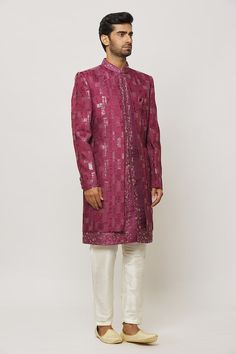 Dark pink sherwani with floral hand embroidery. Paired with a cream aligadi pant. - Aza Fashions Pink Sherwani, Floral Hand Embroidery, Embroidered Sherwani, Bead Set, Embroidered Silk, Aza Fashion, Dark Pink, Hand Embroidery, Thread