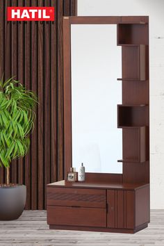 a mirror sitting on top of a wooden cabinet next to a plant