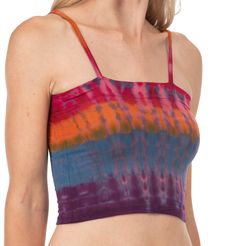 "Introducing our string crop Top. A warm weather favorite, year after year. Our soft and breezy Tie-Dye string crop Top is super-versatile and extra comfy. S/M  0-6 L/XL 8-10 Spandex/Rayon RAYON SPANDEX BLEND - The fabrics and dyes are high quality in all of our clothing. We manufacture and design the clothing from High-thread count Rayon and Rayon /Spandex blends.  The dyes are Swiss Dyes that are machine washable with no bleeding, painted onto the fabric by hand over a solid Black base which p Cheap Cotton Tie Dye Crop Top, Summer Multicolor Tops With Built-in Bra, Casual Multicolor Tops With Built-in Bra, Summer Multicolor Bra-friendly Tops, Multicolor Bra-friendly Tops For Summer, Summer Multicolor Crop Top With Built-in Bra, Comfortable Summer Tops With Built-in Bra, Casual Multicolor Top With Built-in Bra, Fitted Strappy Crop Top For Summer