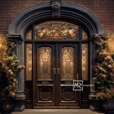 the entrance to an ornately decorated building with two large doors and flowers on either side