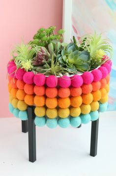 a potted plant is sitting on a stand with pom - poms and succulents