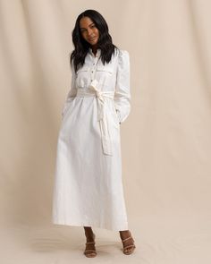 Women's Klara Maxi Dress | Southern Tide Chic Button-up Linen Dress, Cotton Dresses With Tie Fastening For Work, Cotton Dress With Tie Fastening For Work, Cotton Workwear Dresses With Tie Fastening, Chic Button-up Linen Dress For Daywear, Chic Dresses With Pockets For Brunch, Chic Cotton Maxi Dress With Pockets, Cotton Midi Dress With Pockets For Work, Chic Maxi Dress With Tie Fastening For Daywear